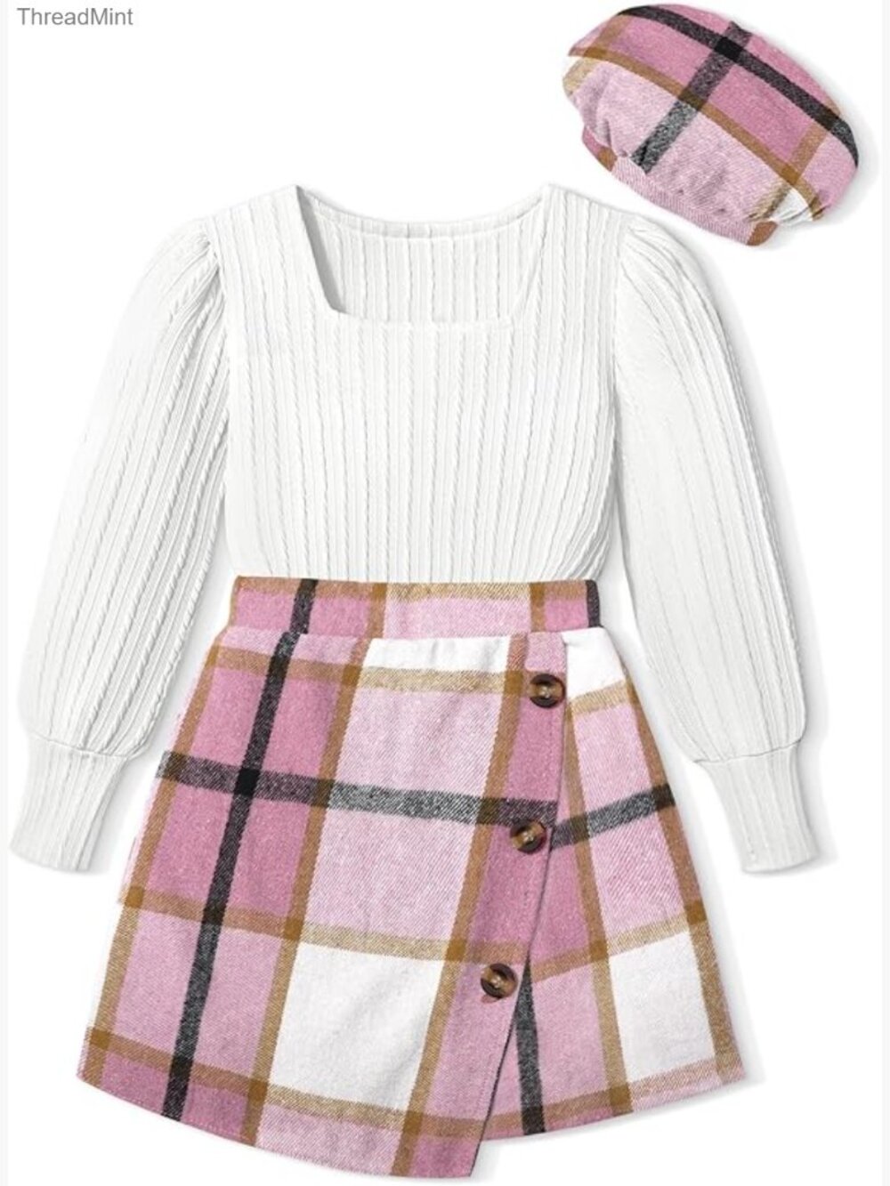 Girls 3 Piece Skirt Set Puff Sleeve Top Plaid Mini Skirt Fall Winter